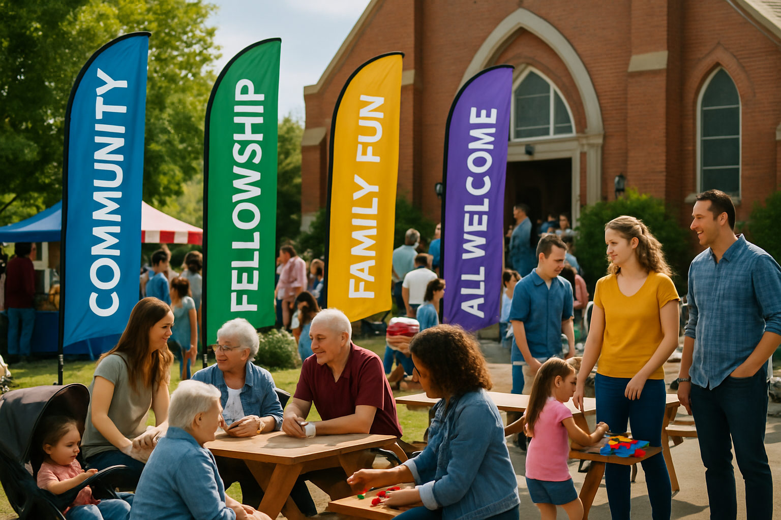 Professional community event with families gathering around church with strategic feather flag placement