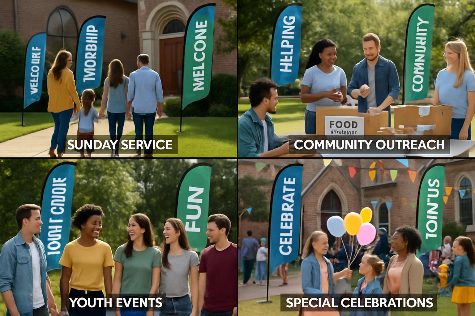 Professional collage showing different church event types where feather flags are effectively used
