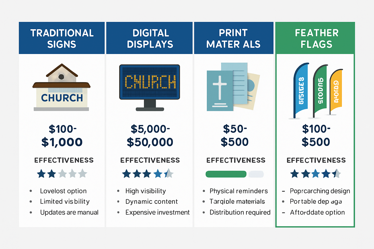 Professional infographic comparing church marketing methods with cost and effectiveness analysis