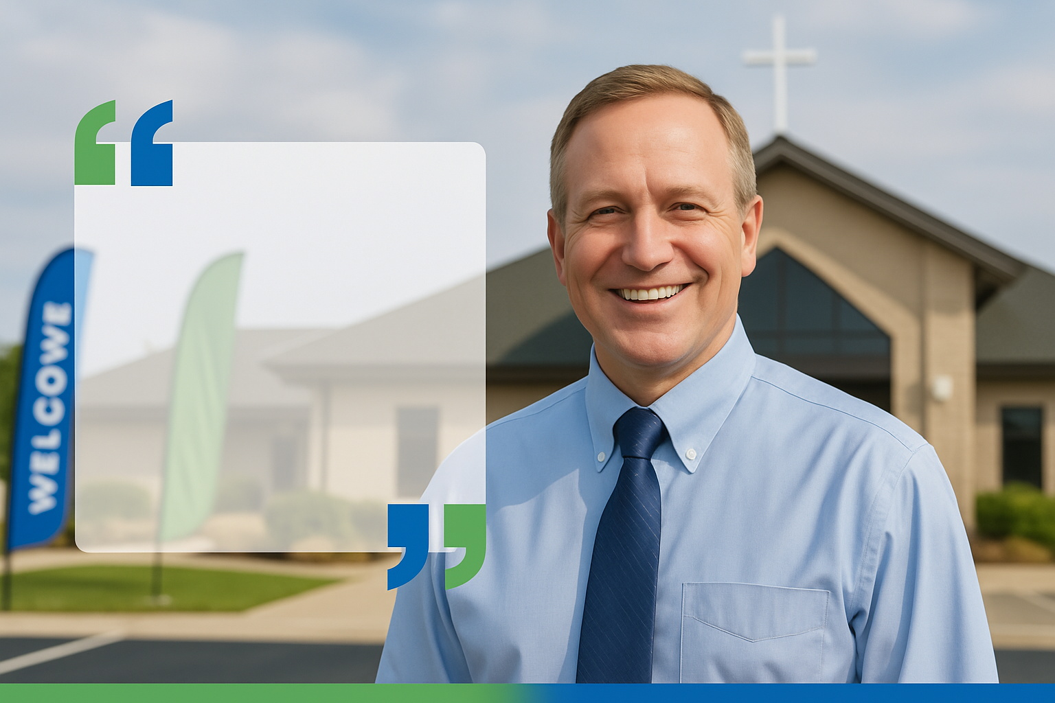 Professional testimonial visual with pastor sharing success metrics and community impact