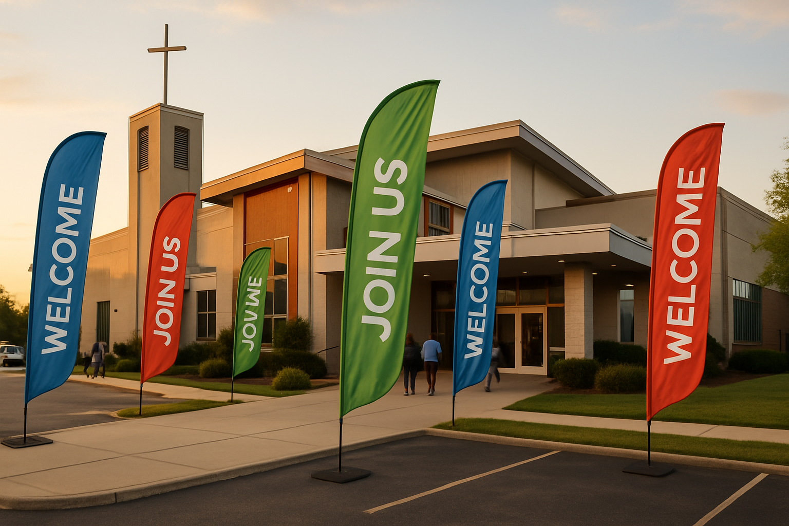 Professional church exterior with colorful feather flags creating welcoming atmosphere